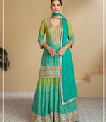 Rama green heavy chinon printed embroidered palazzo suit