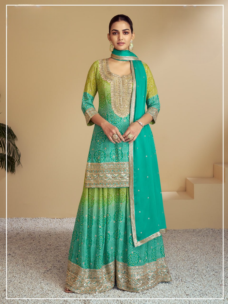 Rama green heavy chinon printed embroidered palazzo suit