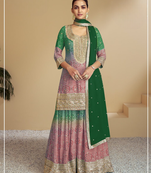 Bottle green heavy chinon printed embroidered palazzo suit
