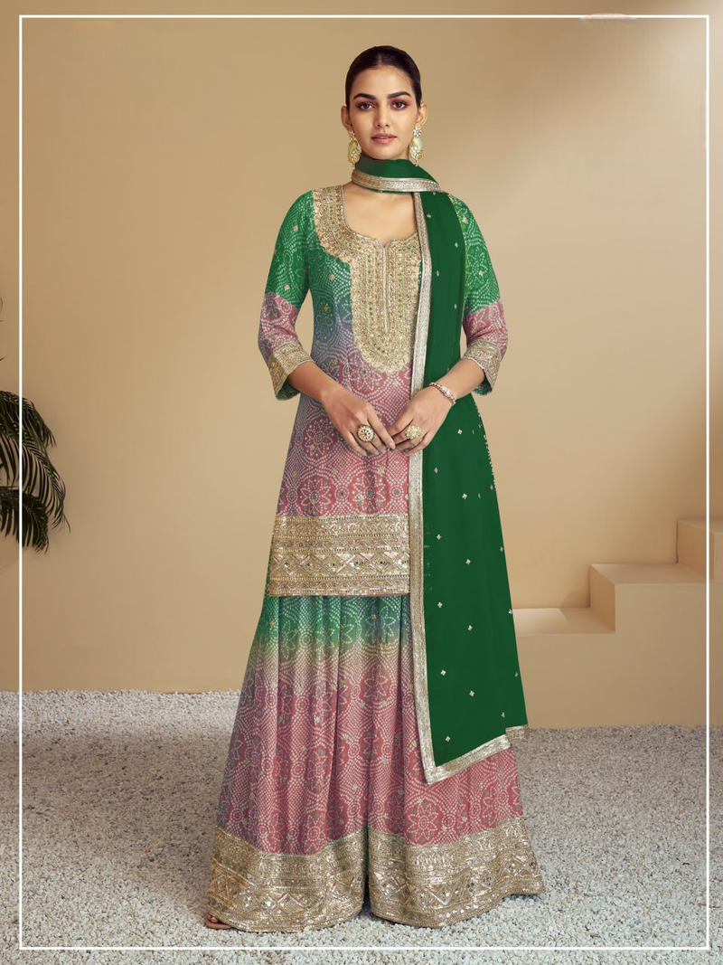 Bottle green heavy chinon printed embroidered palazzo suit