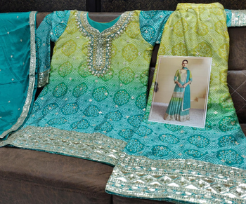 Rama green heavy chinon printed embroidered palazzo suit 2
