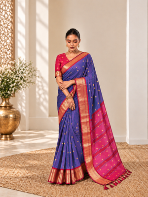 Blue zari woven silk blend traditional saree with blouse 1