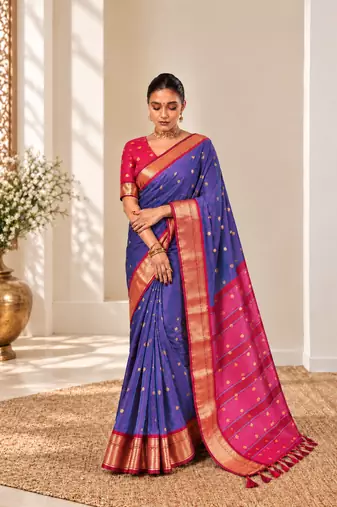 Blue zari woven silk blend traditional saree with blouse