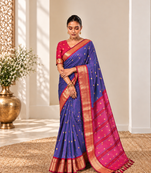 Blue zari woven silk blend traditional saree with blouse