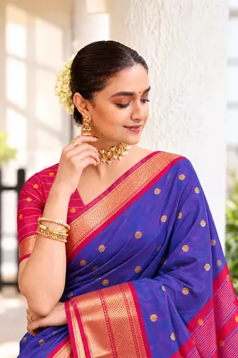 Blue zari woven silk blend traditional saree with blouse