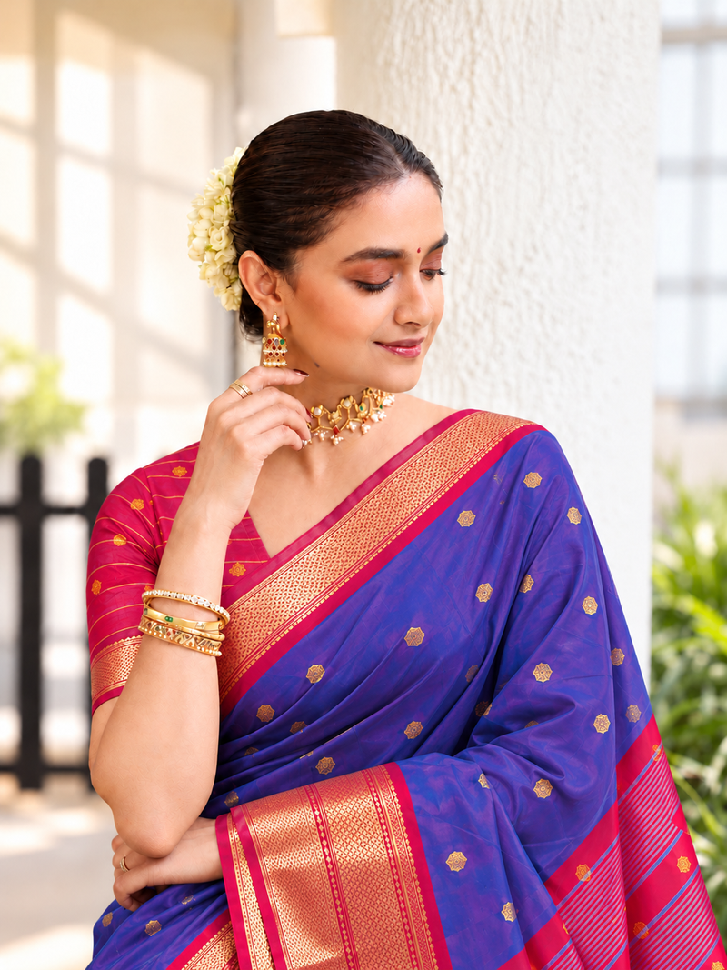 Blue zari woven silk blend traditional saree with blouse