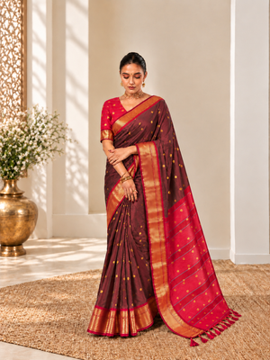 Brown zari woven silk blend traditional saree with blouse 1