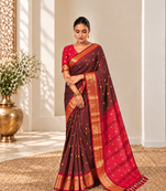 Brown zari woven silk blend traditional saree with blouse