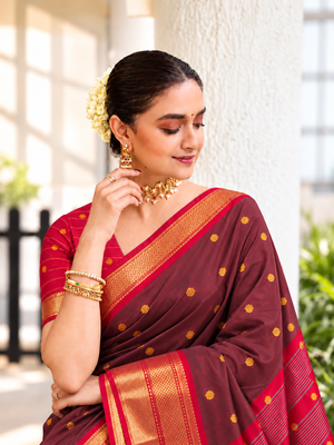 Brown zari woven silk blend traditional saree with blouse 2