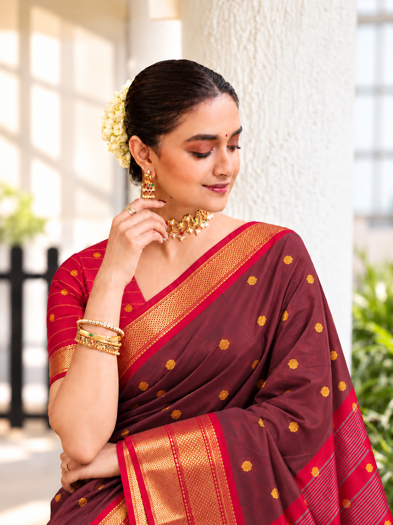 Brown zari woven silk blend traditional saree with blouse