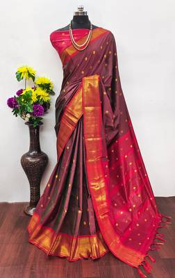 Brown zari woven silk blend traditional saree with blouse 3
