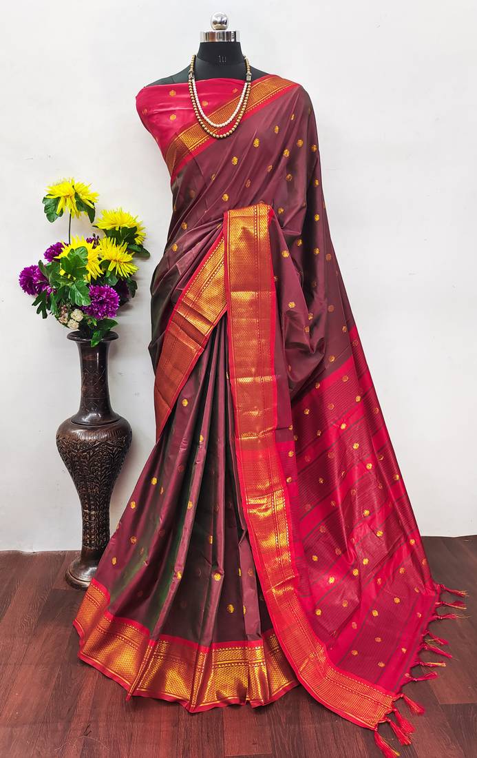 Brown zari woven silk blend traditional saree with blouse