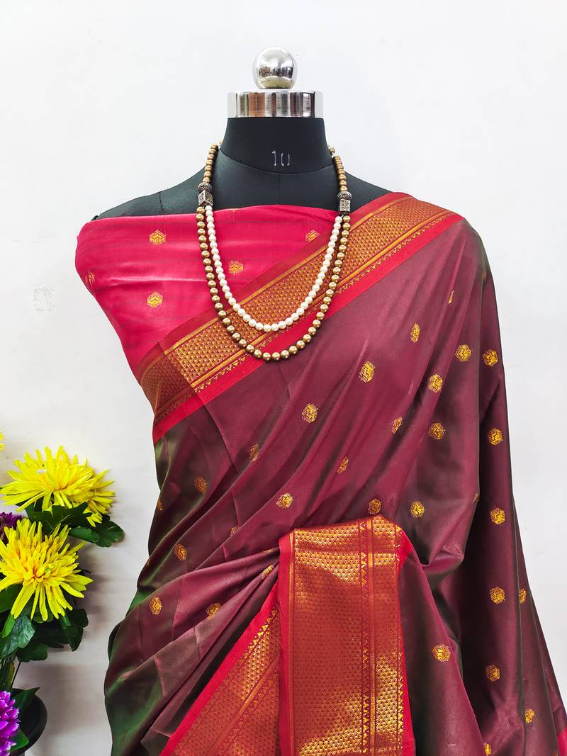 Brown zari woven silk blend traditional saree with blouse