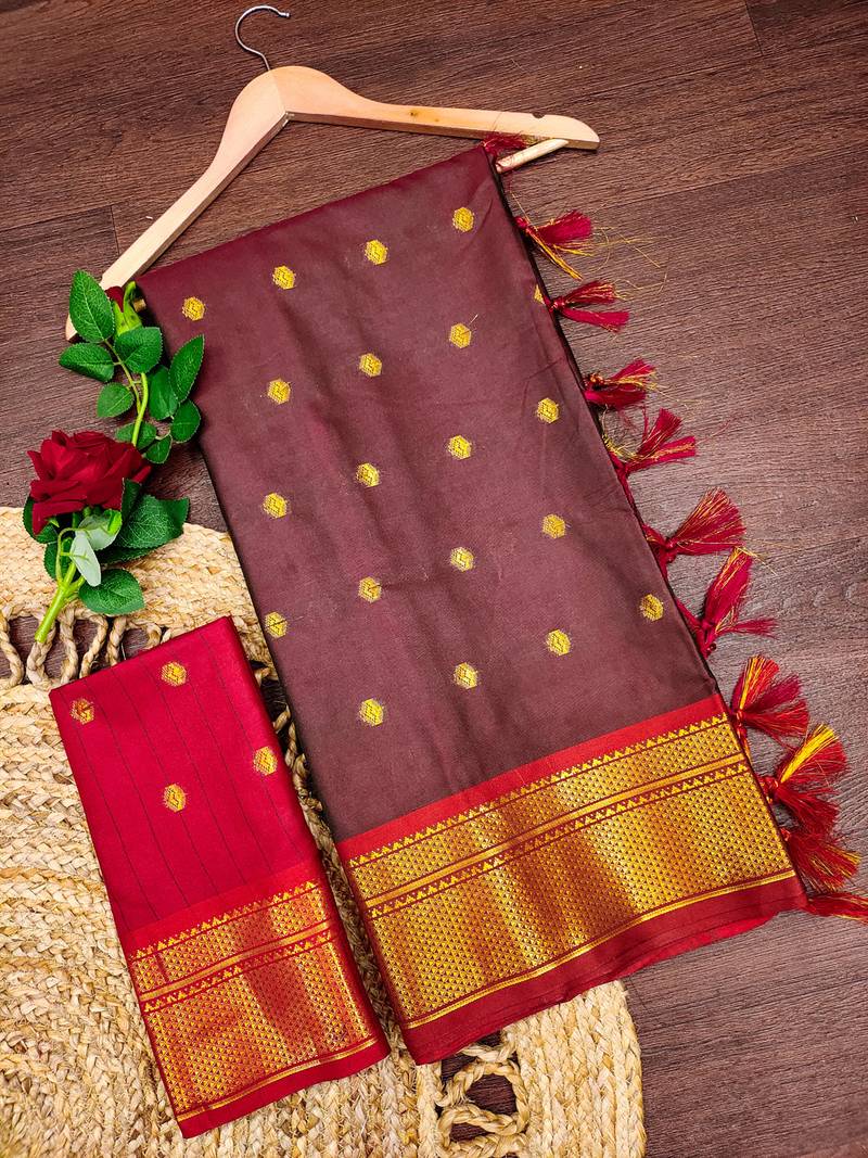 Brown zari woven silk blend traditional saree with blouse