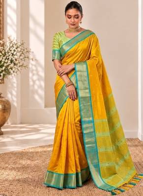 Golden yellow zari woven silk blend traditional saree with blouse 1