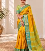 Golden yellow zari woven silk blend traditional saree with blouse