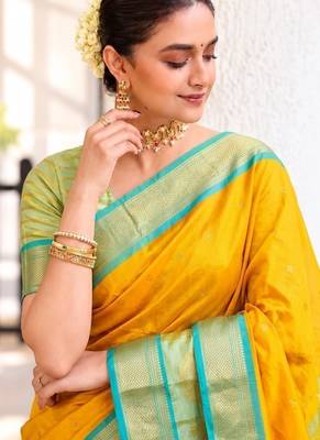 Golden yellow zari woven silk blend traditional saree with blouse 2