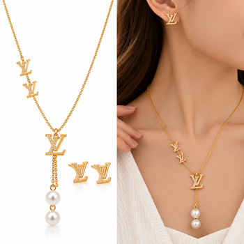 Anti-Tarnish Golden Designer Pearl Drop Pendant Neck Chain with Matching Stud Earrings 1