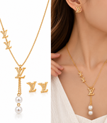 Anti-Tarnish Golden Designer Pearl Drop Pendant Neck Chain with Matching Stud Earrings