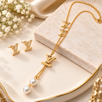 Anti-Tarnish Golden Designer Pearl Drop Pendant Neck Chain with Matching Stud Earrings 3