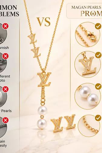 Anti-Tarnish Golden Designer Pearl Drop Pendant Neck Chain with Matching Stud Earrings