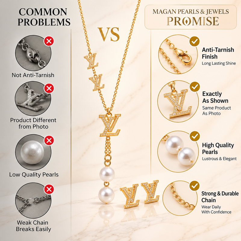 Anti-Tarnish Golden Designer Pearl Drop Pendant Neck Chain with Matching Stud Earrings