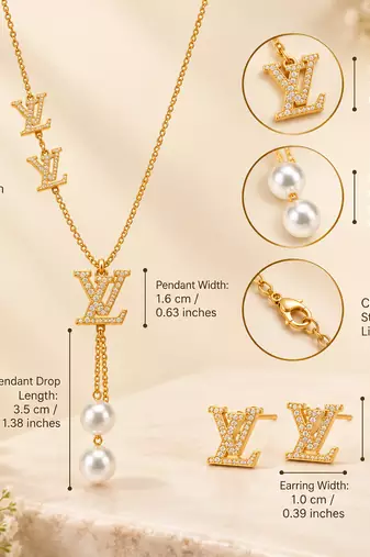 Anti-Tarnish Golden Designer Pearl Drop Pendant Neck Chain with Matching Stud Earrings