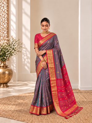 Grey zari woven silk blend traditional saree with blouse 1