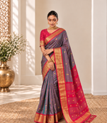 Grey zari woven silk blend traditional saree with blouse