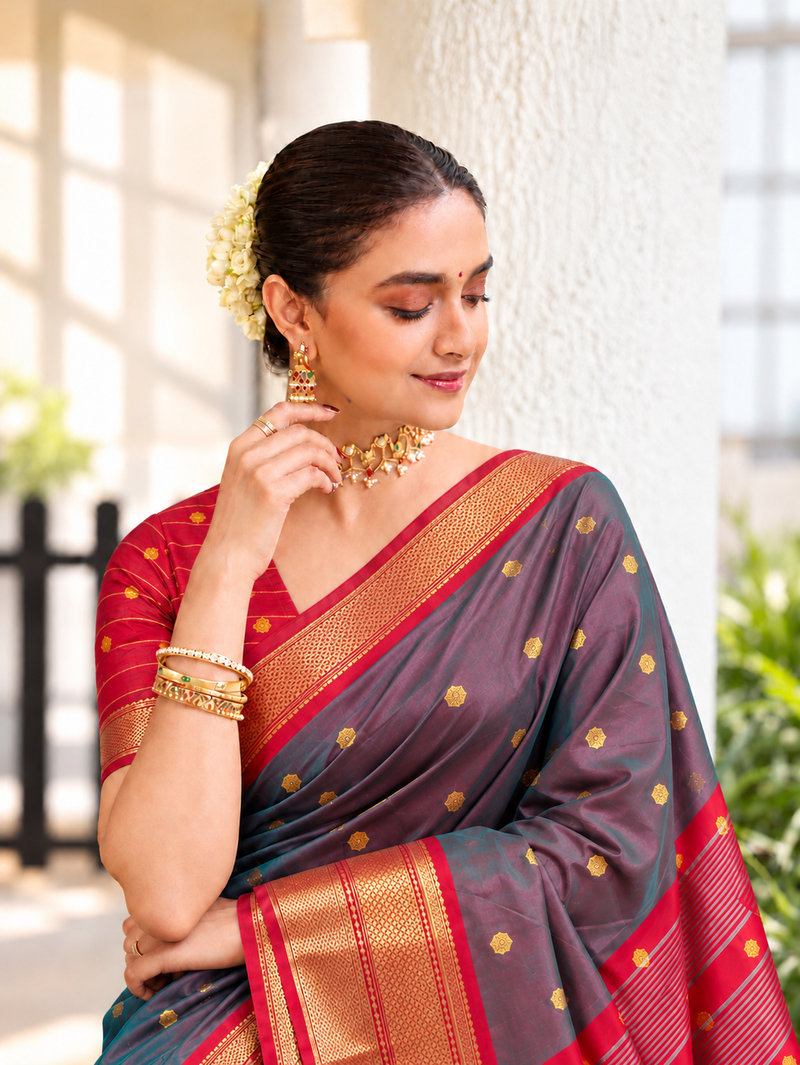 Grey zari woven silk blend traditional saree with blouse