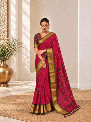 Kumkum red zari woven silk blend traditional saree with blouse 1