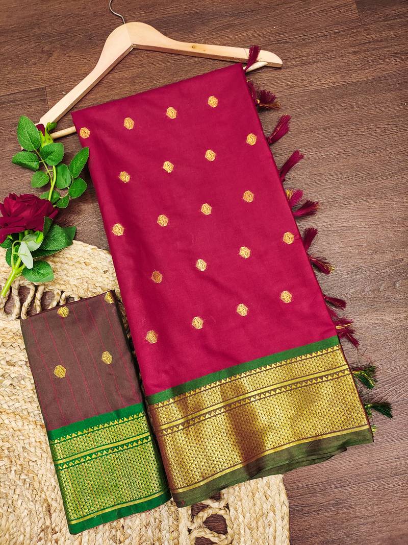Kumkum red zari woven silk blend traditional saree with blouse