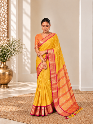 Yellow zari woven silk blend traditional saree with blouse 1