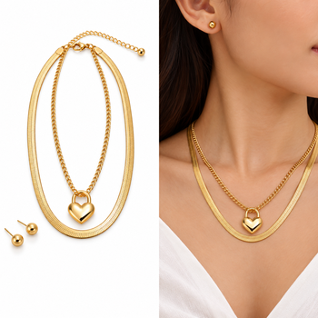 Anti-Tarnish Golden Heart Lock Charm Double Layer Chain Necklace – Elegant Everyday Jewellery 1