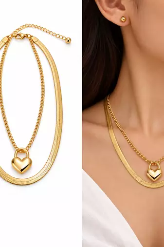 Anti-Tarnish Golden Heart Lock Charm Double Layer Chain Necklace – Elegant Everyday Jewellery