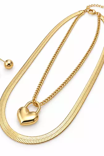 Anti-Tarnish Golden Heart Lock Charm Double Layer Chain Necklace – Elegant Everyday Jewellery