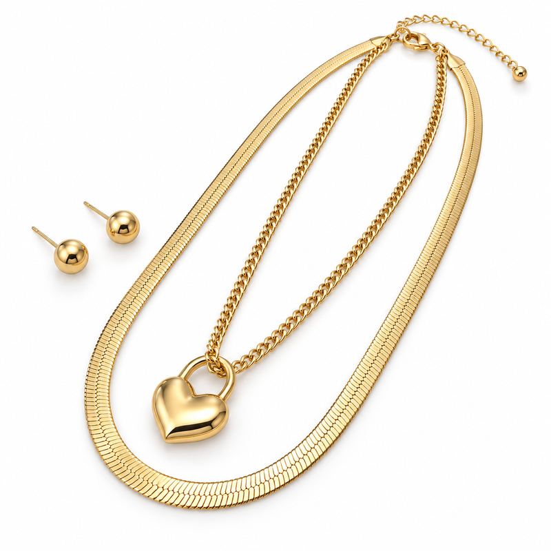 Anti-Tarnish Golden Heart Lock Charm Double Layer Chain Necklace – Elegant Everyday Jewellery