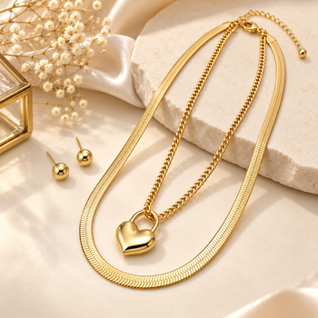 Anti-Tarnish Golden Heart Lock Charm Double Layer Chain Necklace – Elegant Everyday Jewellery 3