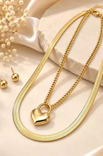 Anti-Tarnish Golden Heart Lock Charm Double Layer Chain Necklace – Elegant Everyday Jewellery