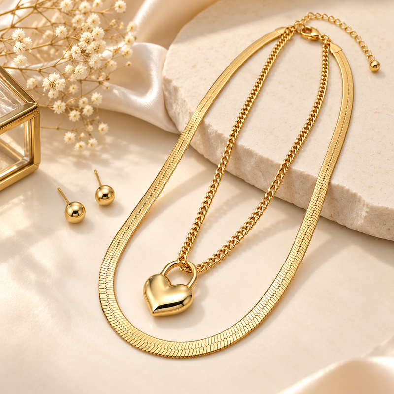 Anti-Tarnish Golden Heart Lock Charm Double Layer Chain Necklace – Elegant Everyday Jewellery