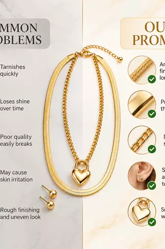Anti-Tarnish Golden Heart Lock Charm Double Layer Chain Necklace – Elegant Everyday Jewellery