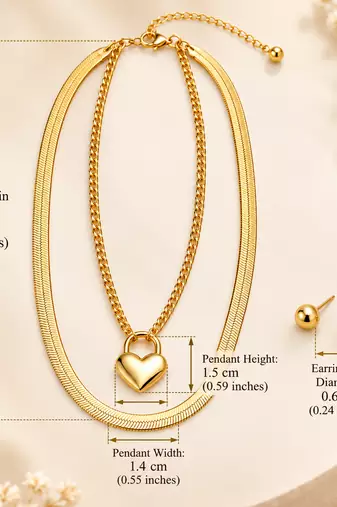 Anti-Tarnish Golden Heart Lock Charm Double Layer Chain Necklace – Elegant Everyday Jewellery