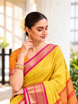 Yellow zari woven silk blend traditional saree with blouse 2