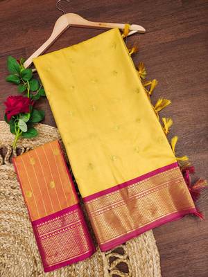 Yellow zari woven silk blend traditional saree with blouse 4