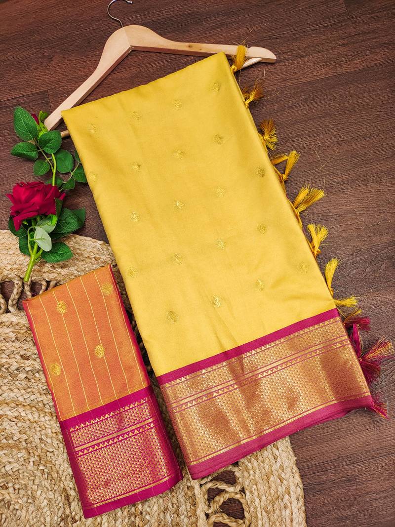 Yellow zari woven silk blend traditional saree with blouse