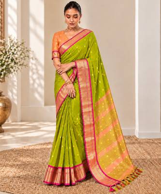 Mehendi green zari woven silk blend traditional saree with blouse 1