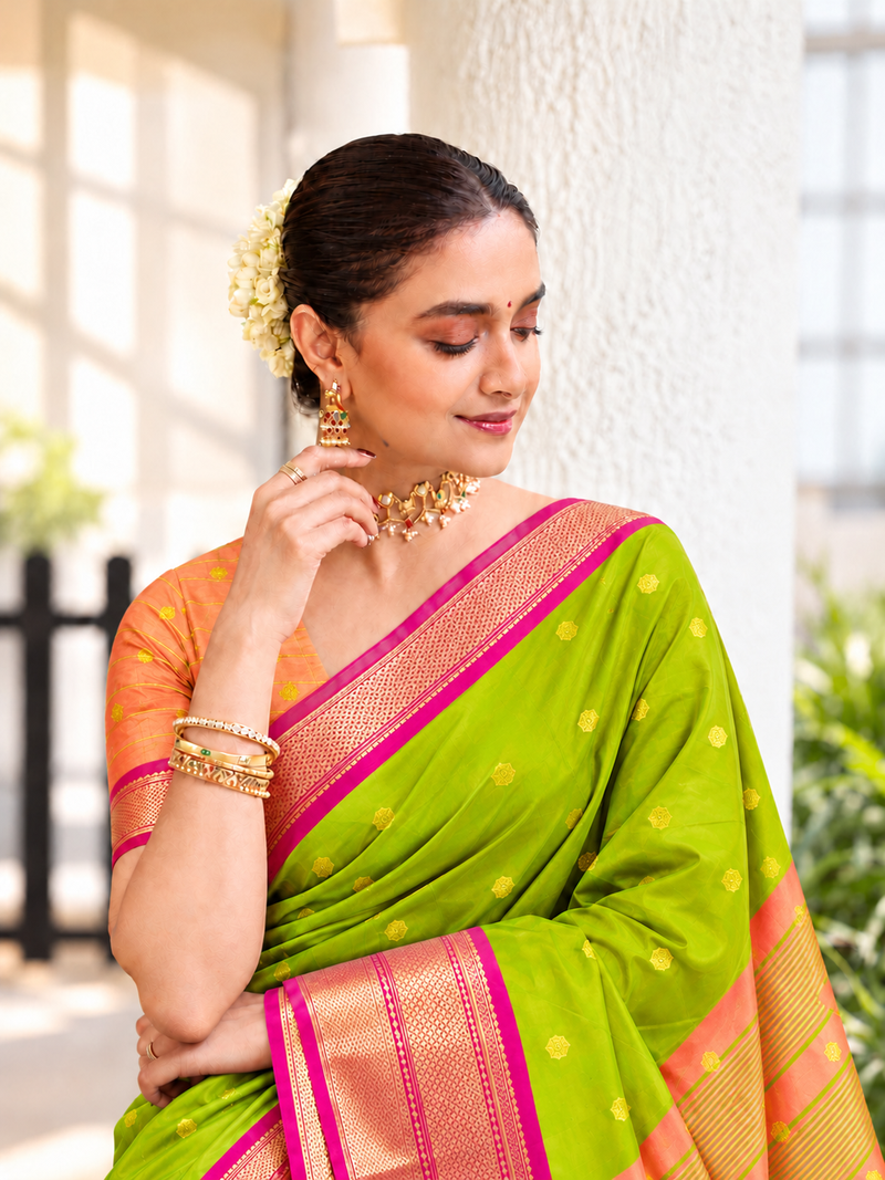 Mehendi green zari woven silk blend traditional saree with blouse
