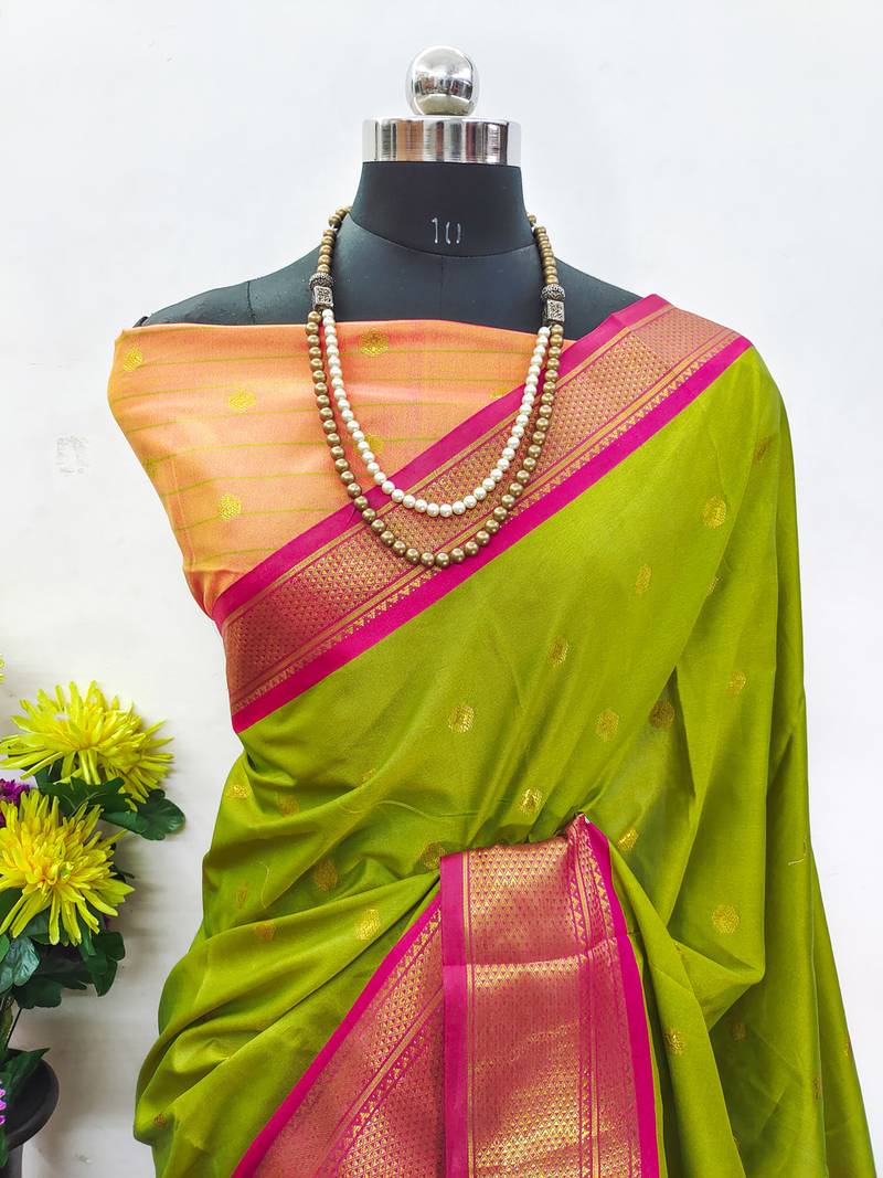 Mehendi green zari woven silk blend traditional saree with blouse
