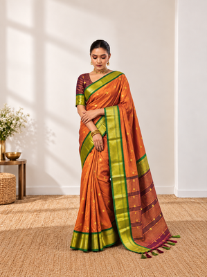 Orange zari woven silk blend traditional saree with blouse 1