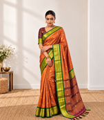Orange zari woven silk blend traditional saree with blouse